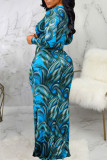 Синие сексуальные лоскутные платья с V-образным вырезом и длинными рукавами