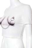 White Sexy Print Patchwork Chains O Neck T-Shirts