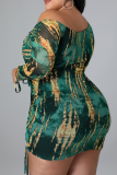 Green Sexy Print Patchwork One Shoulder Pencil Skirt Plus Size Dresses