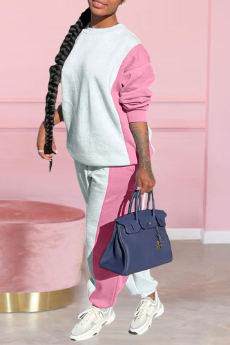 Pink Casual Solid Patchwork O Neck Long Sleeve Two Pieces