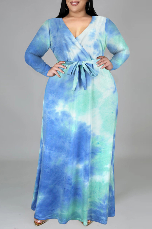 Hellblau Mode Casual Tie Dye Printing V-Ausschnitt Langarm Kleider in Übergröße