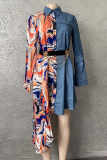 Mandarinenrot bedrucktes Patchwork-Umlegekragen-unregelmäßiges Kleid Kleider in Übergröße (ohne Gürtel)