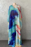 Blue Yellow Fashion Casual Print Slit V Neck Long Sleeve Two Pieces