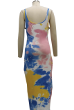 Flerfärgad sexig lapptäcke Tie-dye fyrkantig krage pennkjol klänningar