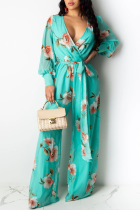 Blue Casual Print Patchwork V Neck Straight Jumpsuits