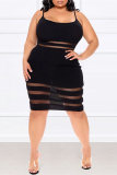 Vestido preto fashion sexy plus size patchwork transparente sem costas alça de espaguete sem manga