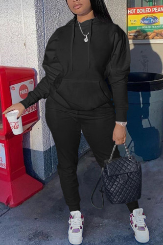 Black Casual Hooded Collar Long Sleeve Sweatshirt And Pants Sportwear Two Piece Jogger Set