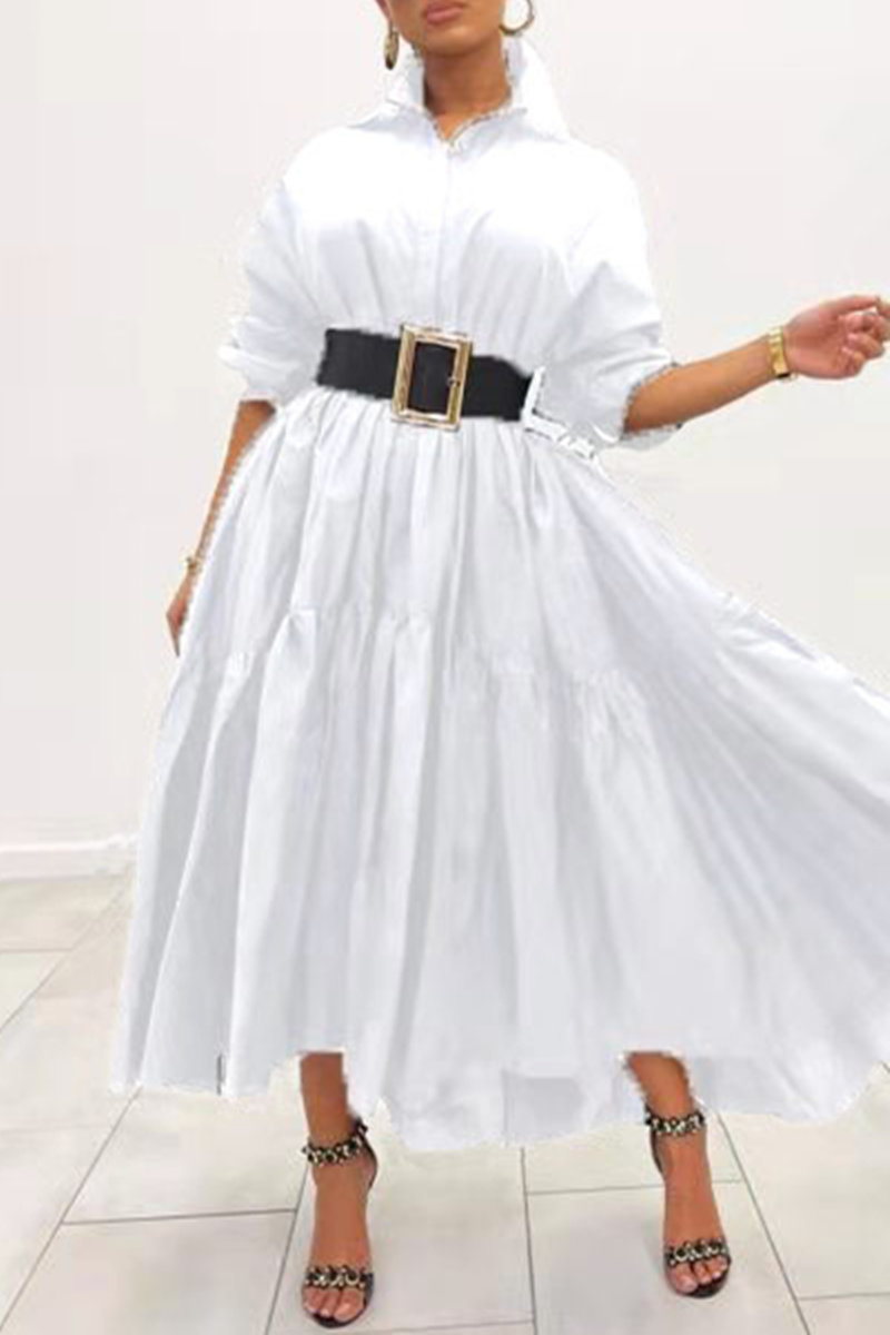 

White Fashion Casual Solid Without Belt Turndown Collar Long Sleeve Shirt Dress