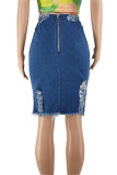 Baby Blue Fashion Casual Solid Ripped High Waist Regular Denim Skirts