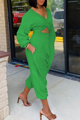 Green Casual Solid Patchwork Fold Asymmetrical V Neck Long Sleeve Two Pieces