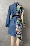 Green Print Patchwork Turndown Collar Irregular Dress Plus Size Dresses (Wtihout Belt)