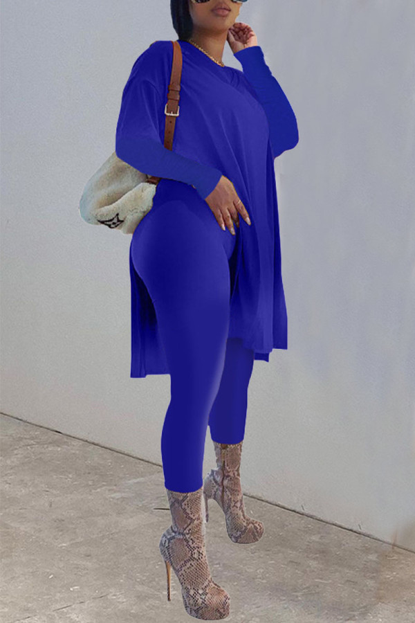 Deep Blue Casual Solid Patchwork Slit O Neck Long Sleeve Two Pieces