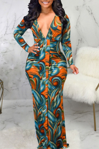 Oranje sexy print patchwork V-hals lange mouwen jurken