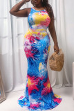 Mehrfarbiges, sexy Print-Patchwork-Kleid mit U-Ausschnitt und Weste