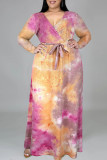 Multicolor Fashion Casual Tie Dye Printing V Neck Long Sleeve Plus Size Dresses