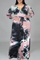 ブラック ピンク ファッション カジュアル タイダイ プリント V ネック ロング スリーブ プラス サイズ ドレス