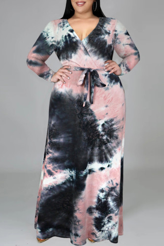 Black Pink Fashion Casual Tie Dye Printing V Neck Long Sleeve Plus Size Dresses