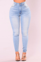 Babyblaue, lässige, solide Patchwork-Jeans mit mittelhoher Taille und Skinny-Denim
