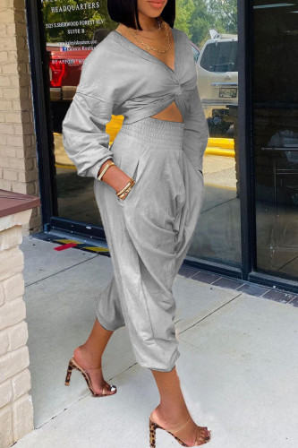 Grey Casual Solid Patchwork Fold Asymmetrical V Neck Long Sleeve Two Pieces