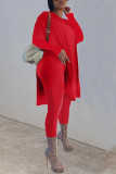 Tangerine Red Casual Solid Patchwork Slit O Neck Long Sleeve Two Pieces