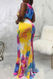 Mehrfarbiges, sexy Print-Patchwork-Kleid mit U-Ausschnitt und Weste