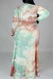 Rose Red Fashion Casual Tie Dye Printing V Neck Long Sleeve Plus Size Dresses