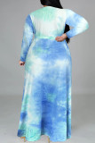 パープリッシュ ブルー ファッション カジュアル タイダイ プリント V ネック ロング スリーブ プラス サイズ ドレス