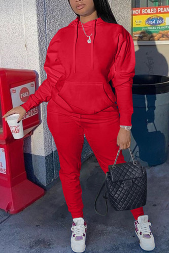 Red Casual Hooded Collar Long Sleeve Sweatshirt And Pants Sportwear Two Piece Jogger Set