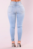 Babyblauwe casual effen skinny denim jeans met patchwork en middelhoge taille