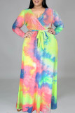 Cyan Fashion Casual Tie Dye Printing V Neck Long Sleeve Plus Size Dresses