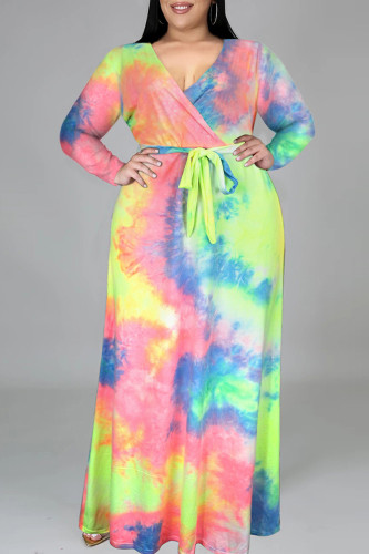 Vestidos multicoloridos moda casual com estampa tie-dye decote em v manga longa plus size