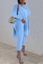 Lake Blue Casual Solid Patchwork Slit O Neck Long Sleeve Two Pieces