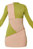 Groene sexy kleur klont effen patchwork halve coltrui kokerrok jurken