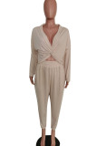Cream White Casual Solid Patchwork Fold Asymmetrical V Neck Long Sleeve Two Pieces