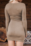 Khaki Sexy Solid Hollowed Out Patchwork Fold O Neck Pencil Skirt Dresses