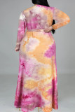 ローズレッドファッションカジュアルタイダイプリントVネックロングスリーブプラスサイズドレス