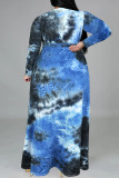 Blue Pink Fashion Casual Tie Dye Printing V Neck Long Sleeve Plus Size Dresses