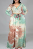 Multicolor Mode Casual Tie Dye Printing V-hals Lange mouw Grote maten jurken