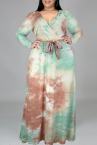 Cyan Fashion Casual Tie Dye Printing V Шея с длинным рукавом Платья больших размеров