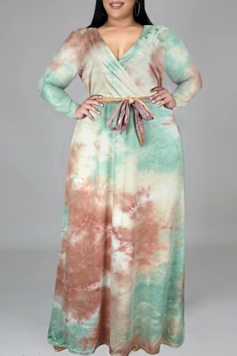 Vestidos ciano fashion casual tie dye com estampa decote em v manga longa plus size