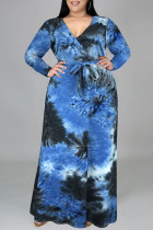 Blau Schwarz Fashion Casual Tie Dye Printing V-Ausschnitt Langarm Kleider in Übergröße