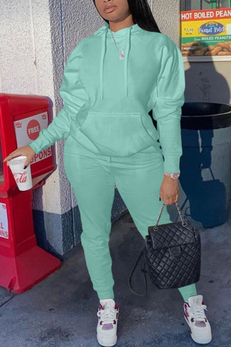 Lake Blue Casual Hooded Collar Long Sleeve Sweatshirt And Pants Sportwear Two Piece Jogger Set