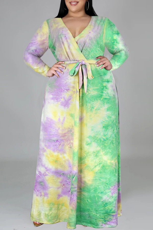 Grün Gelb Fashion Casual Tie Dye Printing V-Ausschnitt Langarm Kleider in Übergröße
