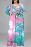Multicolor Fashion Casual Tie Dye Printing V-Ausschnitt Langarm Kleider in Übergröße