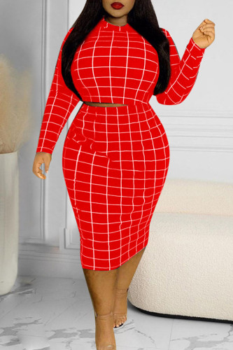 Red Casual Plaid Print Patchwork O Neck Plus Size Two Pieces
