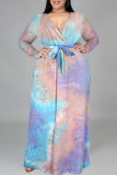 Powder Blue Fashion Casual Tie Dye Printing V Neck Long Sleeve Plus Size Dresses