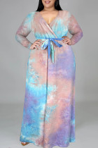 Rosa Púrpura Moda Casual Tie Dye Impresión Cuello en V Manga larga Vestidos de talla grande