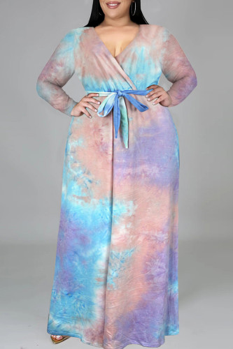 Pink Purple Fashion Casual Tie Dye Printing V Neck Long Sleeve Plus Size Dresses