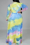 Multicolor Mode Casual Tie Dye utskrift V-hals långärmad Plus Size klänningar