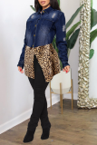 Dark Blue Casual Leopard Patchwork Mandarin Collar Plus Size Overcoat